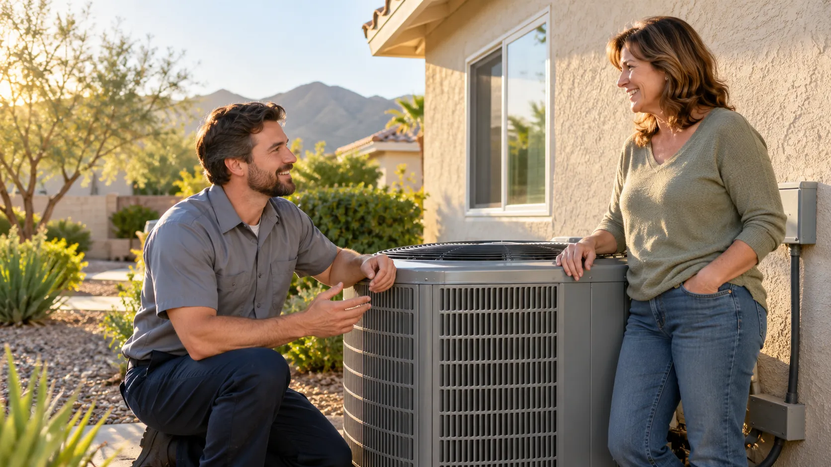 A friendly HVAC provider chatting with a homeowner beside an outdoor AC unit at a stucco ranch home in Sacramento